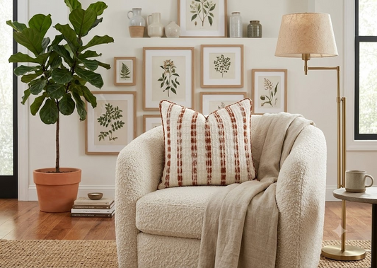 Terracotta Lane Cushion styled on a cream boucle armchair in a warm botanical living room