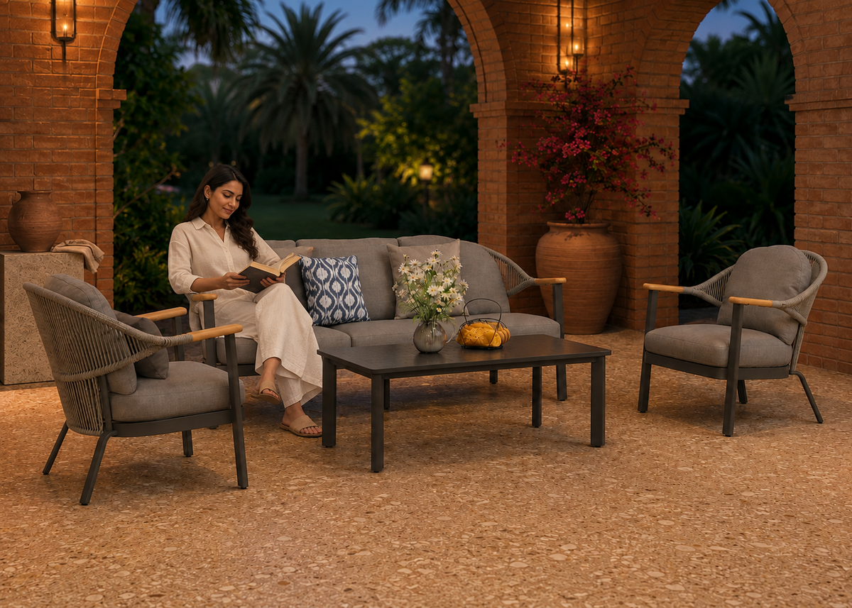 The Verona Rope-Weave Lounge Collection with Indian models in the Verona Brick Loggia