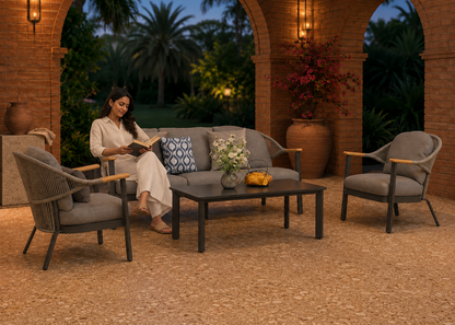 The Verona Rope-Weave Lounge Collection with Indian models in the Verona Brick Loggia