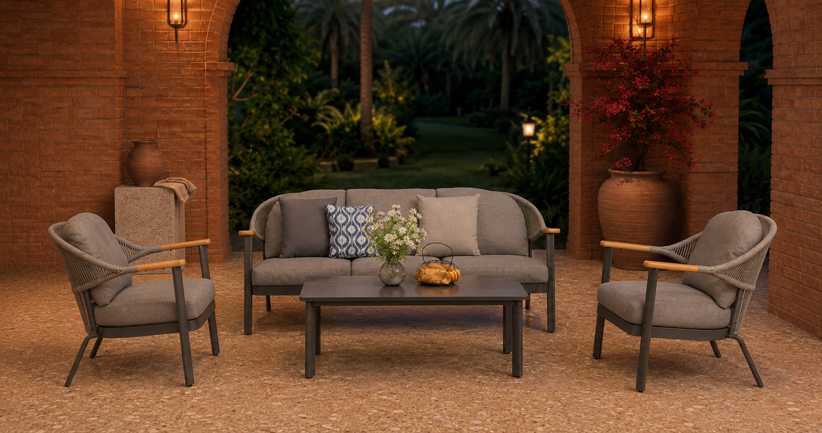 The Verona Rope-Weave Lounge Collection top front view in the Verona Brick Loggia