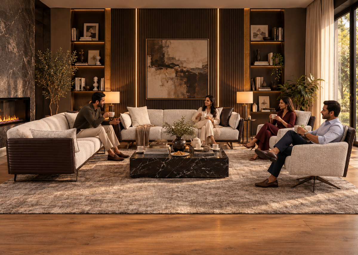 Four guests sitting on Togo cream and espresso leather matching sofas and armchairs at a refined gathering
