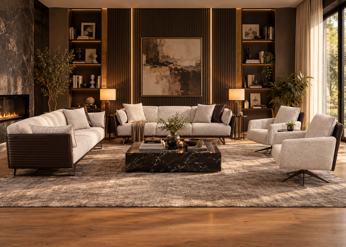 Togo 3+3+1+1 formal living room setup with two ivory sofas and two swivel armchairs with dark espresso leather backs