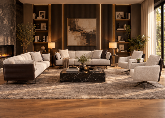 Togo 3+3+1+1 formal living room setup with two ivory sofas and two swivel armchairs with dark espresso leather backs
