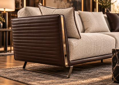 Close-up of Togo sofa espresso ribbed leather side wing, bronze trim, cream woven fabric and angled metal leg