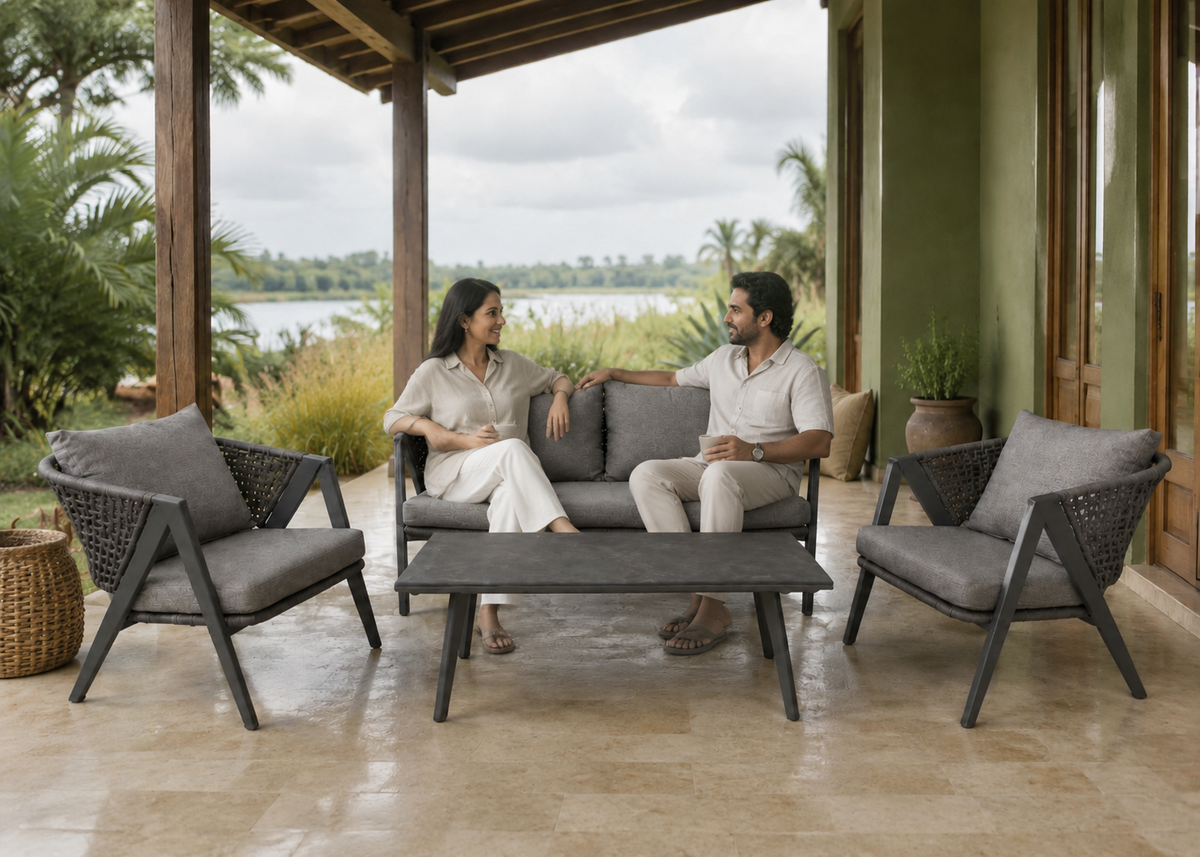Trebeto Sofa Set Outdoor with Indian models in the Kerala Backwater Veranda