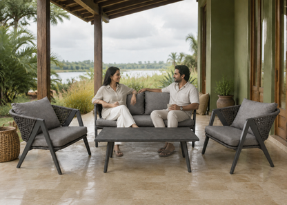 Trebeto Sofa Set Outdoor with Indian models in the Kerala Backwater Veranda