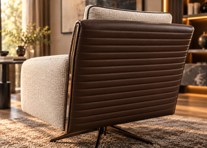 Togo swivel armchair rear close-up showing horizontal channel quilted espresso brown leather back, bronze trim and star-shaped metal base