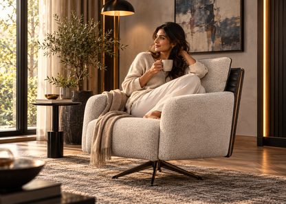 Indian woman relaxing in the Togo swivel armchair with cream woven fabric, espresso leather back and star-shaped metal base