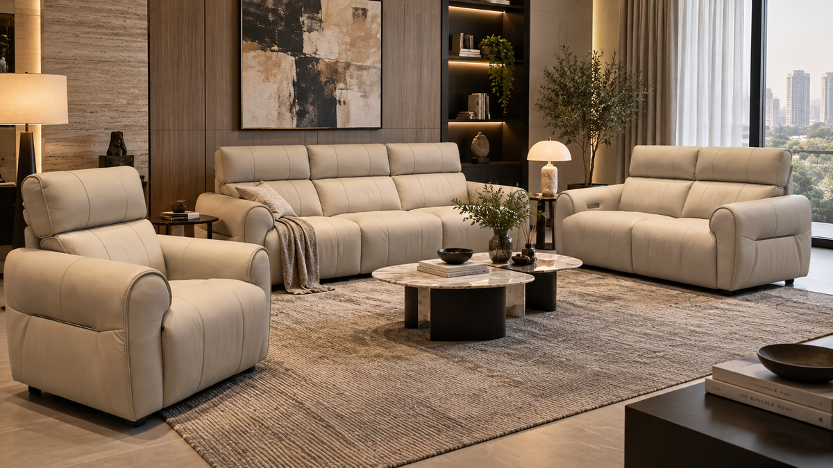 Varen pure leather recliner sofa 3+2+1 set in a warm modern luxury living room