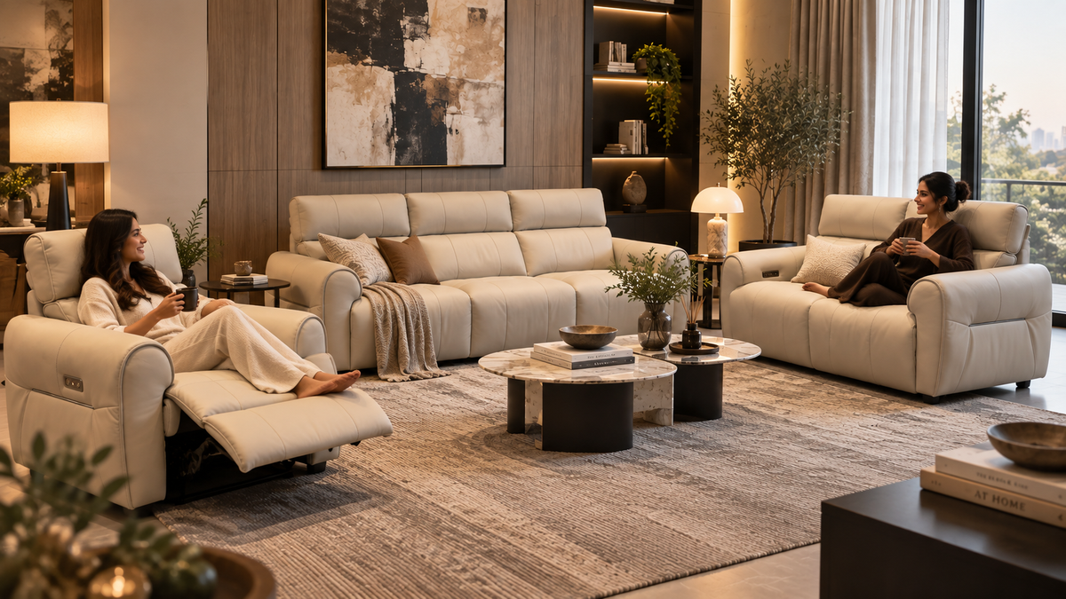 Varen pure leather recliner sofa set with two people relaxing in a luxury living room