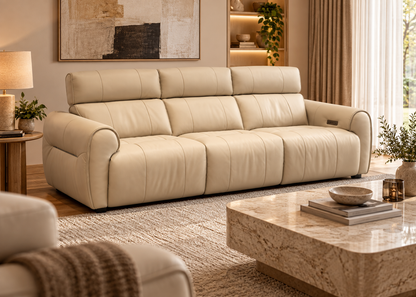 Varen pure leather recliner sofa three seater in a cozy neutral living room