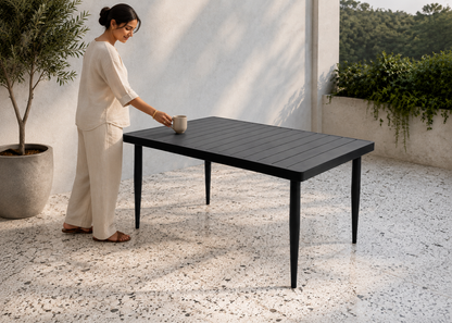 Venice-Table in Venice Terrazzo Terrace with Indian model – lifestyle view