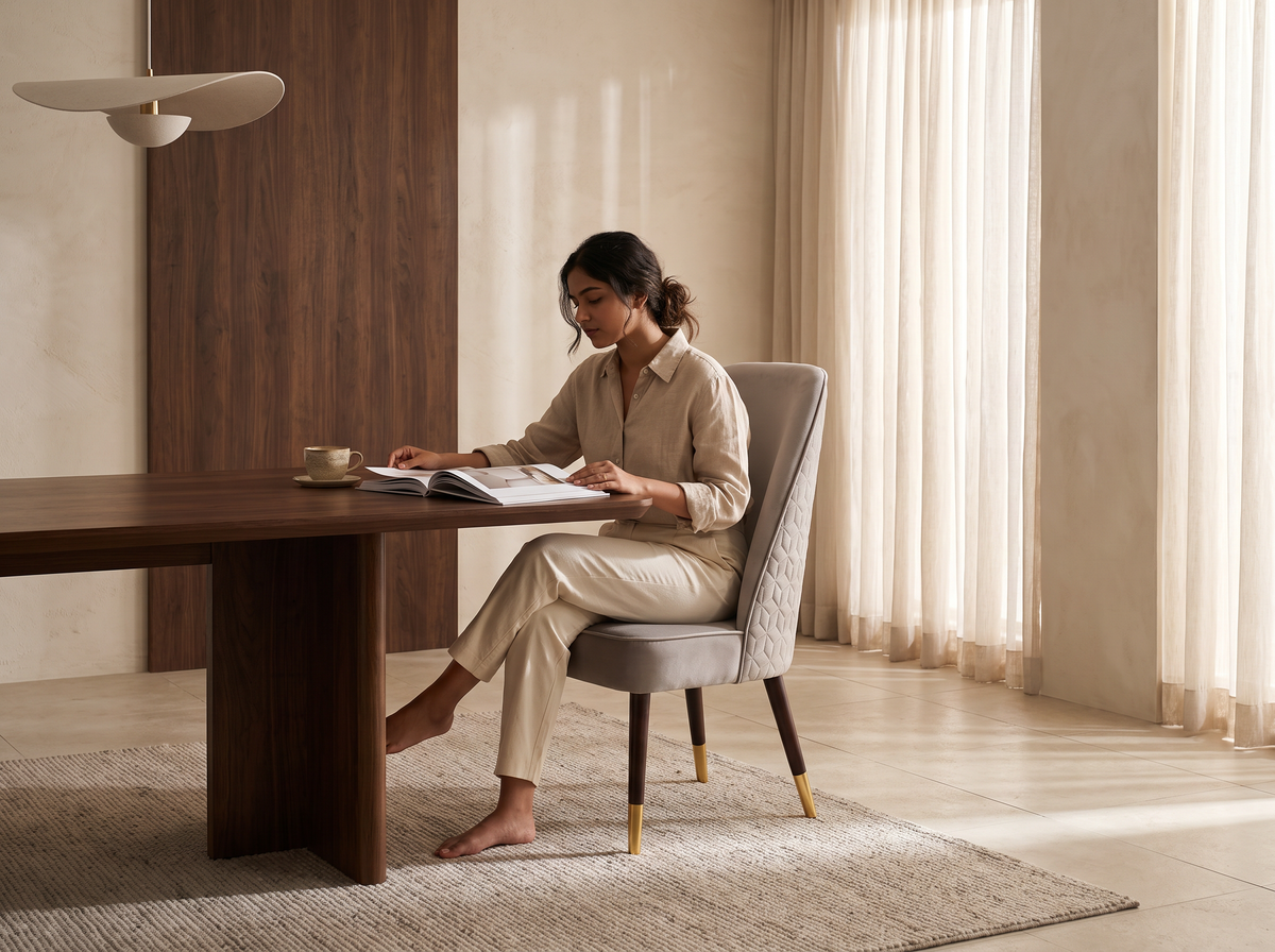 Versace Dining Chair lifestyle with a seated woman reading