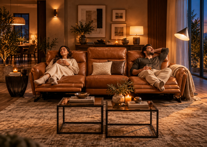 Woman and man relaxing on a Vesper three-seater cognac leather recliner sofa with both end footrests extended