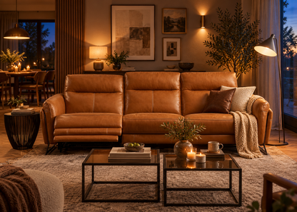 Vesper cognac leather three-seater power recliner sofa in a warm twilight living room, left footrest extended