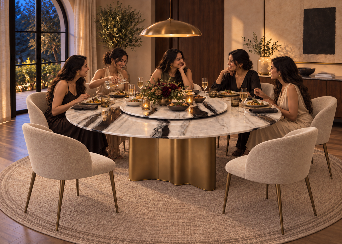 Vespera round 8-seater stone dining table styled for an elegant dinner with ivory chairs and a bronze pedestal base