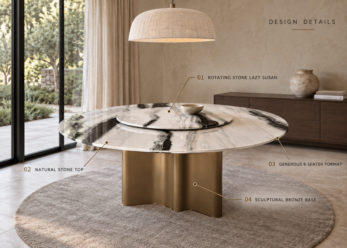 Vespera dining table design details showing rotating stone lazy Susan, natural stone top, 8-seater format and sculptural bronze base