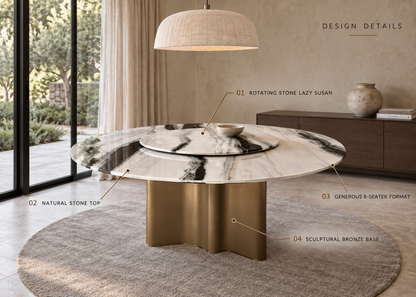 Vespera dining table design details showing rotating stone lazy Susan, natural stone top, 8-seater format and sculptural bronze base