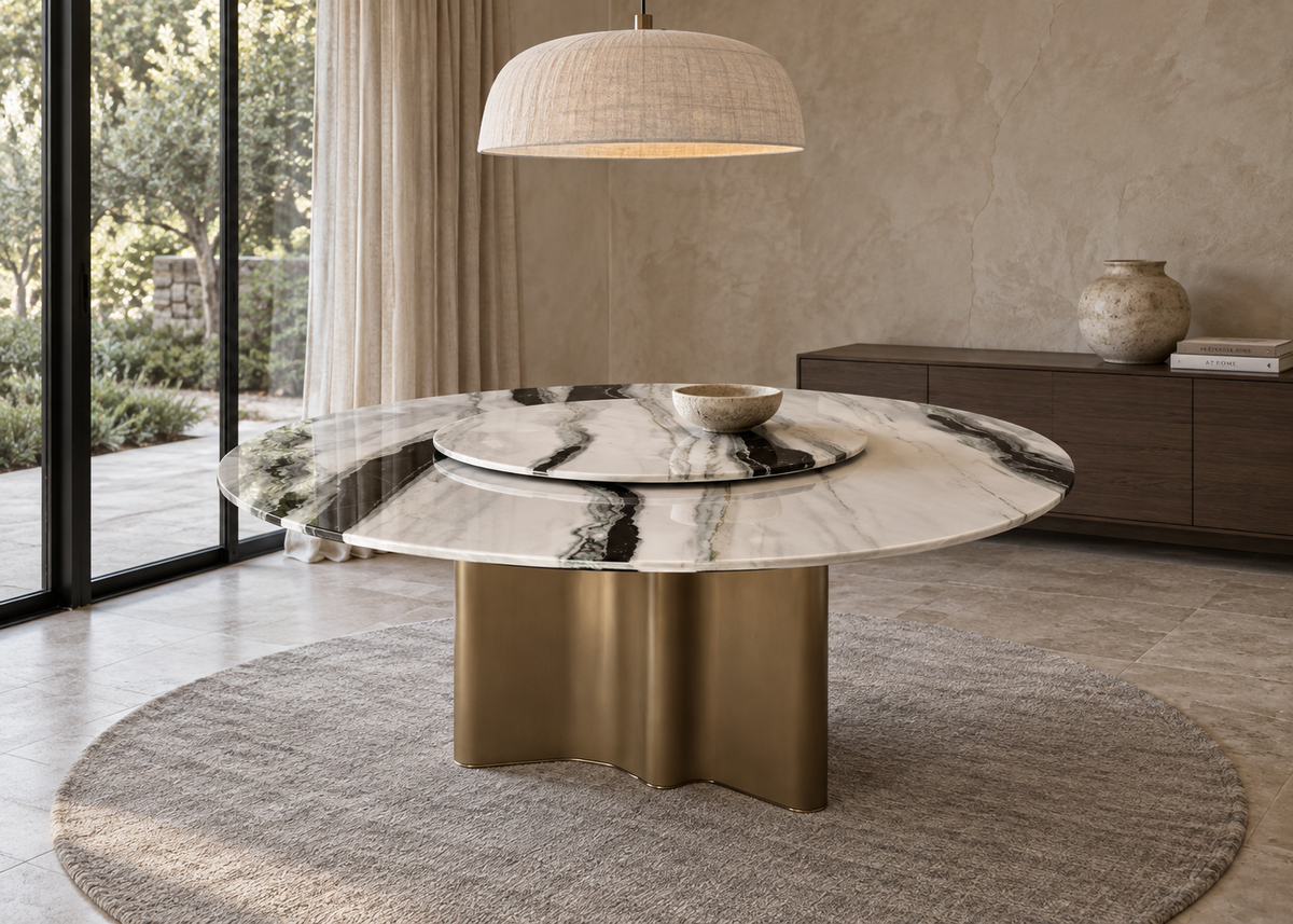 Vespera luxury round 8-seater dining table with black and ivory natural stone top, rotating lazy Susan and sculptural bronze base
