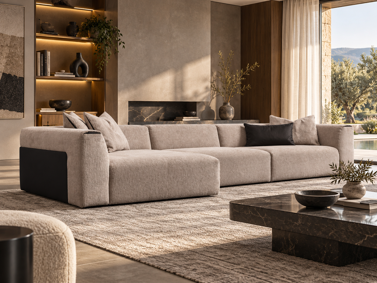 Soho L-shape sofa three quarter view with left chaise and dark outer side panel in modern living room