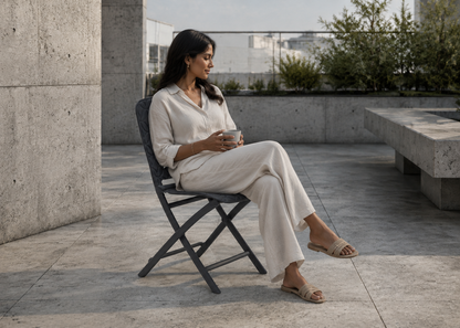 Zac Anthracite in Brutalist Grey Roof Garden with Indian model – lifestyle view