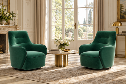 Pair of Zen emerald green velvet swivel armchairs in a luxury formal living room