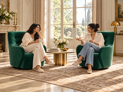 Two women relaxing in Zen emerald green velvet swivel armchairs in a bright luxury living room