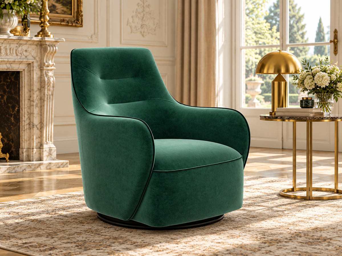Zen emerald green velvet swivel armchair in a premium classic contemporary living room