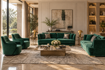 Zen emerald green velvet luxury sofa set in a formal contemporary living room