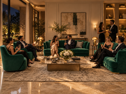 Zen emerald green velvet sofa set styled for an elegant evening gathering