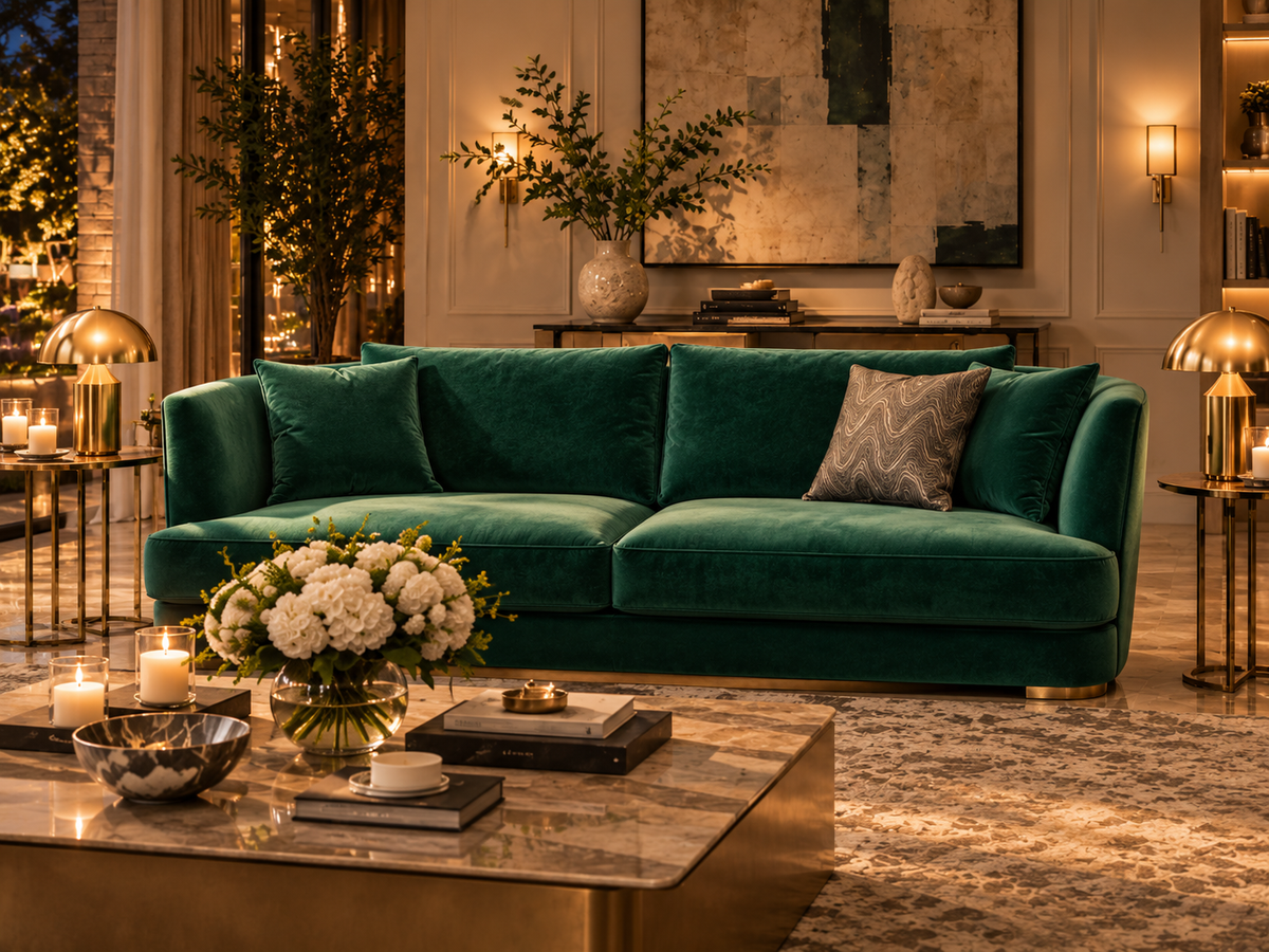 Zen emerald green velvet three-seater sofa close-up in a premium evening interior